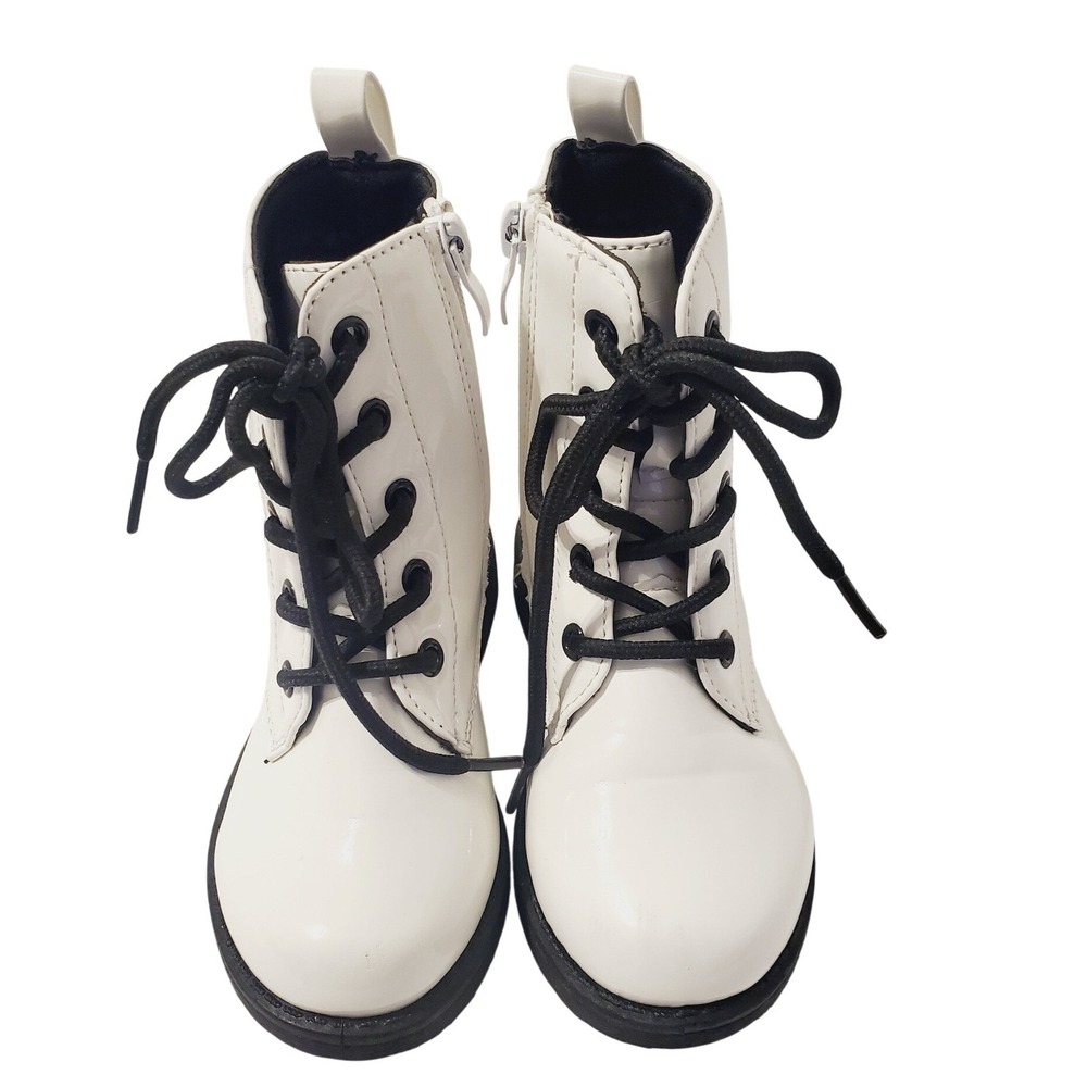 Mini Moda Kids Sz 8 White Patent Combat Boots Side Zip Lug Sole Lace Up Ankle